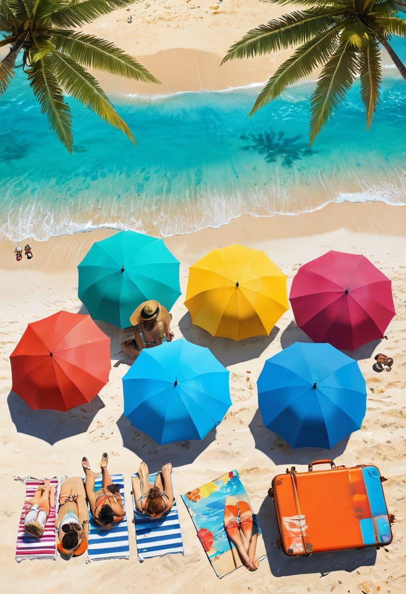 A vibrant beach scene featuring a diverse group of happy travelers in stylish, affordable bikinis, lounging under colorful umbrellas. Crystal clear blue waters and soft sand in the background, with a sense of summer joy and adventure. Incorporate travel elements like a suitcase and a map casually placed nearby, enhancing the theme of affordable travel. Bright, cheerful colors and sunny atmosphere. super-realistic. vibrant colors. 3D.