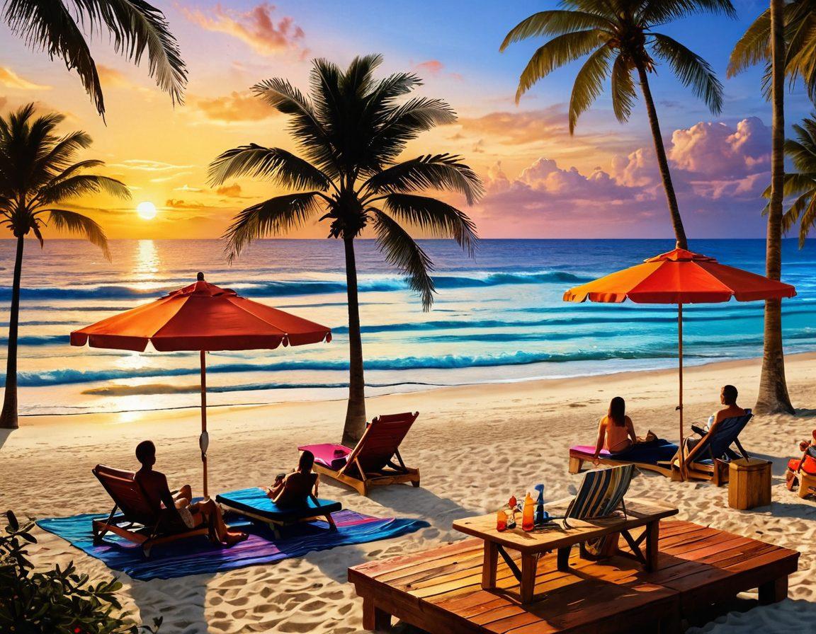 A serene beach scene with golden sands and gentle waves lapping at the shore, featuring vibrant beach umbrellas and families enjoying various activities like sunbathing and playing beach volleyball. Include a beautiful sunset in the background, with colorful tropical cocktails on a wooden table in the foreground, symbolizing relaxation and fun. The atmosphere should feel inviting and whimsical. super-realistic. vibrant colors. tropical theme.